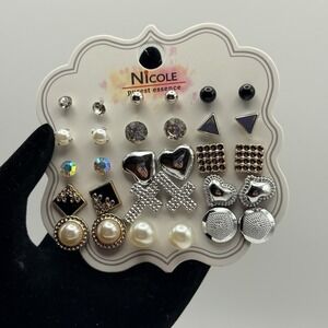 Nicole Mixed Stud Earrings Set Rhinestone Pearl Heart Geometric Fashion Jewelry
